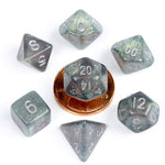 10mm Mini Stardust Acrylic Poly Dice Set: Gray w/ Silver Numbers (7) - Lost City Toys