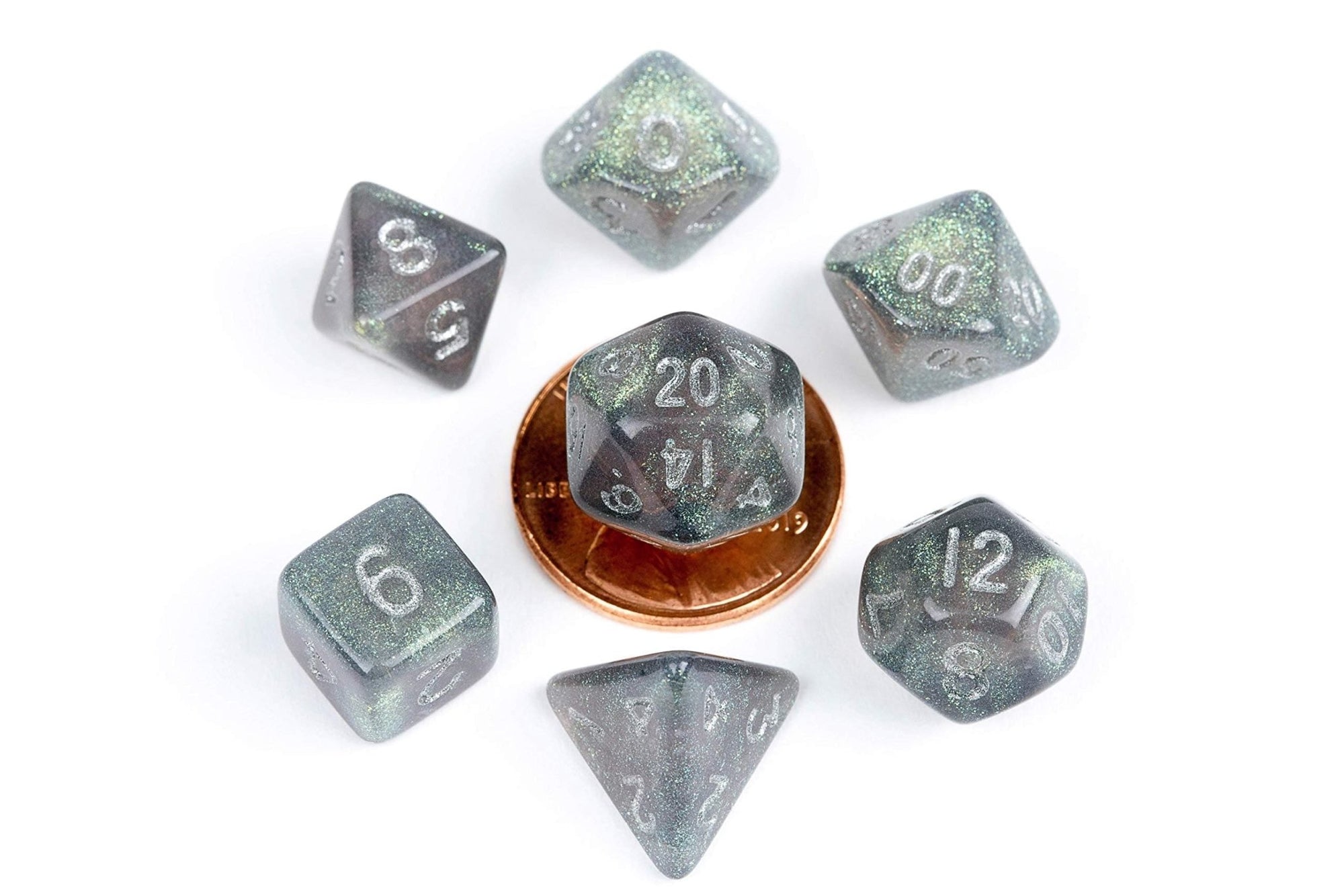 10mm Mini Stardust Acrylic Poly Dice Set: Gray w/ Silver Numbers (7) - Lost City Toys