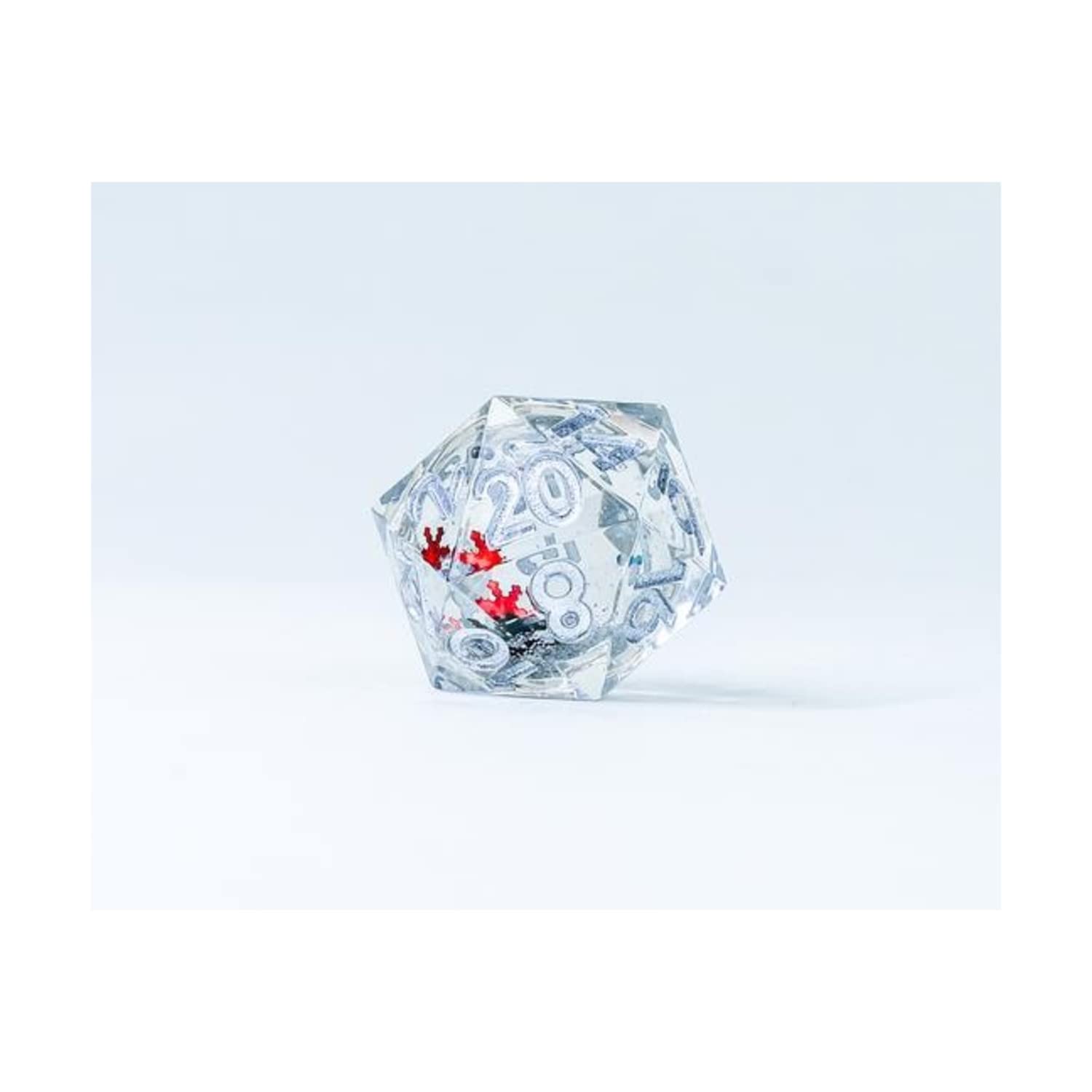 22mm Sharp Edged D20 - Silver Ink, Silver Glitter, Silver Green & Red Snowflakes - Lost City Toys