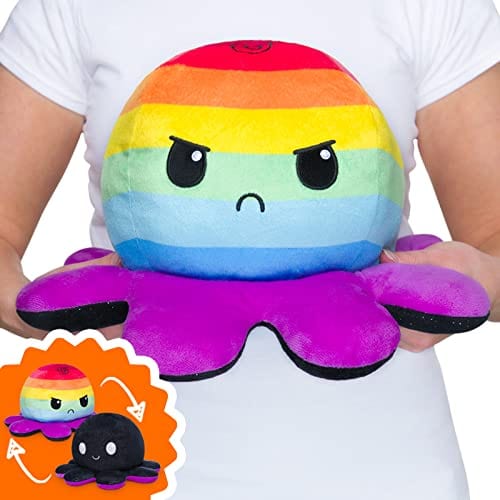 BIG Reversible Octopus Plushie: Happy Black Sparkle and Angry Rainbow Stripes - Lost City Toys