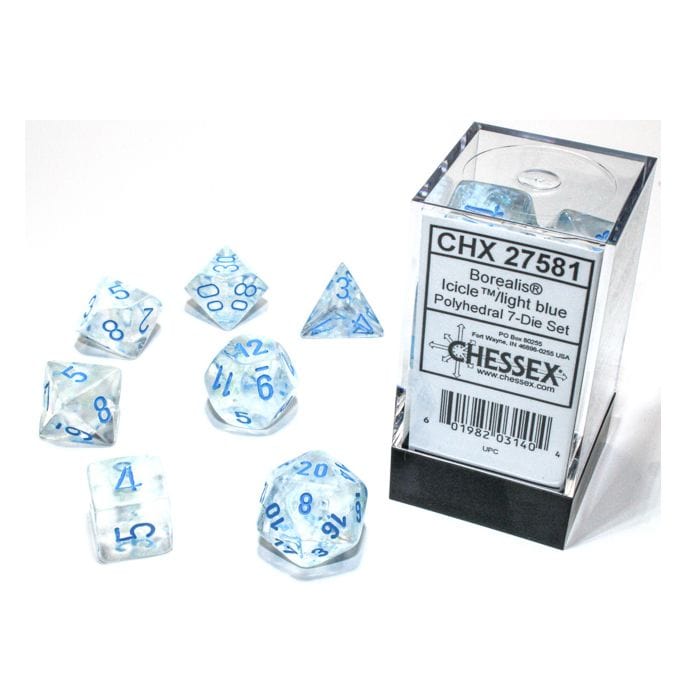 Chessex Manufacturing 7 - Set Cube Borealis Luminary Icicle with Light Blue - Lost City Toys