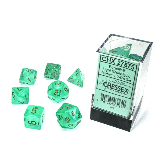 Chessex Manufacturing 7 - Set Cube Borealis Luminary Light Green with Gold - Lost City Toys