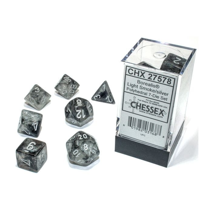 Chessex Manufacturing 7 - Set Cube Borealis Luminary Light Smoke with Silver - Lost City Toys