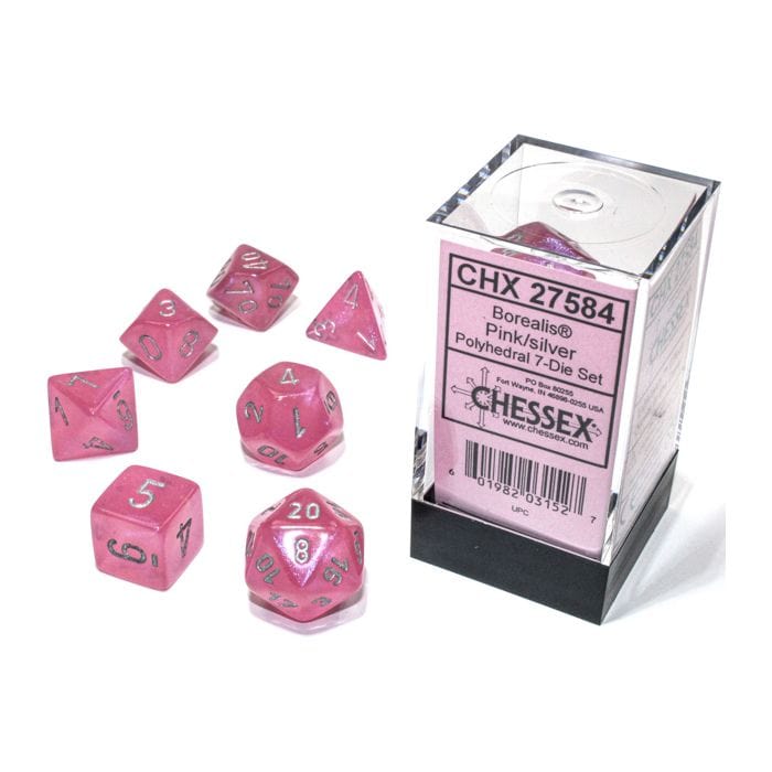 Chessex Manufacturing 7 - Set Cube Borealis Luminary Pink with Silver - Lost City Toys
