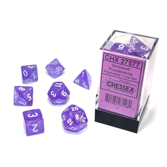 Chessex Manufacturing 7 - Set Cube Borealis Luminary Purple with White - Lost City Toys