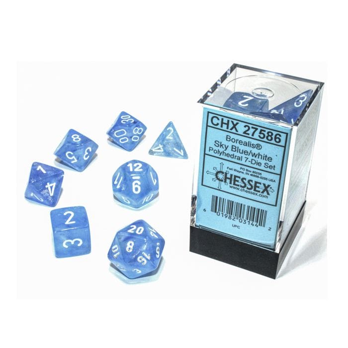 Chessex Manufacturing 7 - Set Cube Borealis Luminary Sky Blue with White - Lost City Toys