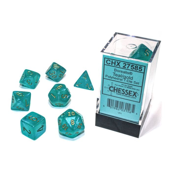 Chessex Manufacturing 7 - Set Cube Borealis Luminary Teal with Gold - Lost City Toys