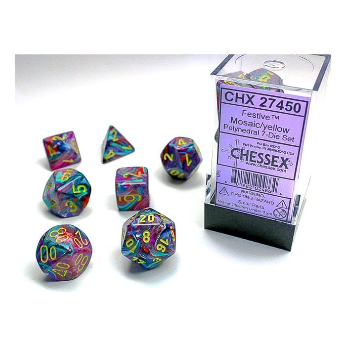 Chessex Manufacturing 7 - Set Cube Festive Mosaic with Yellow - Lost City Toys