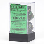 Chessex Manufacturing 7 - Set Cube Gemini Black and Green with Gold - Lost City Toys