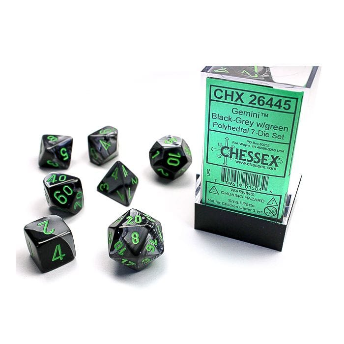 Chessex Manufacturing 7 - Set Cube Gemini Black and Grey with Green - Lost City Toys