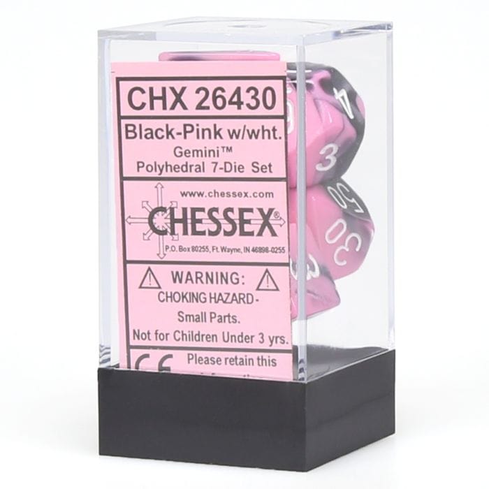 Chessex Manufacturing 7 - Set Cube Gemini Black and Pink with White - Lost City Toys
