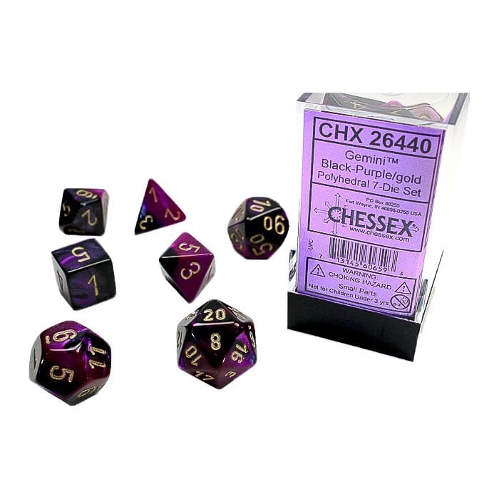 Chessex Manufacturing 7 - Set Cube Gemini Black and Purple with Gold - Lost City Toys