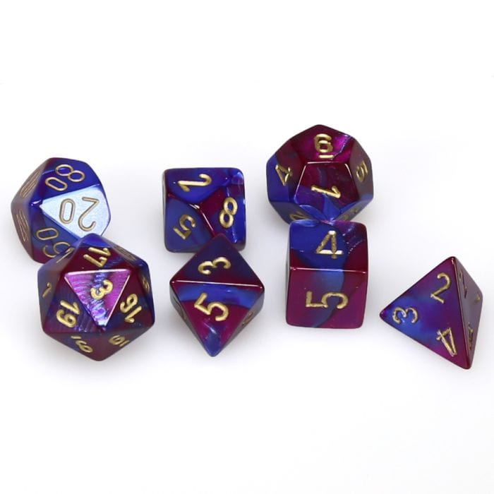 Chessex Manufacturing 7 - Set Cube Gemini Blue and Purple with Gold - Lost City Toys