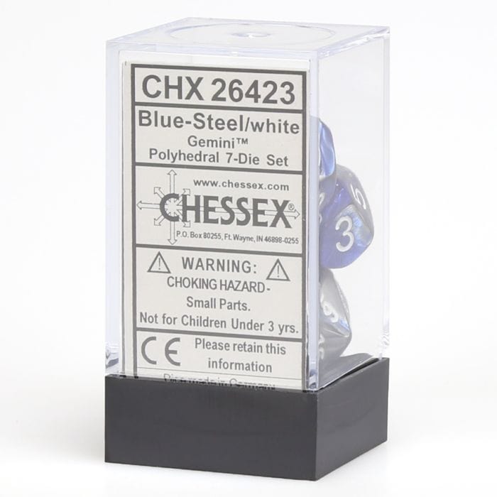 Chessex Manufacturing 7 - Set Cube Gemini Blue and Silver with White - Lost City Toys
