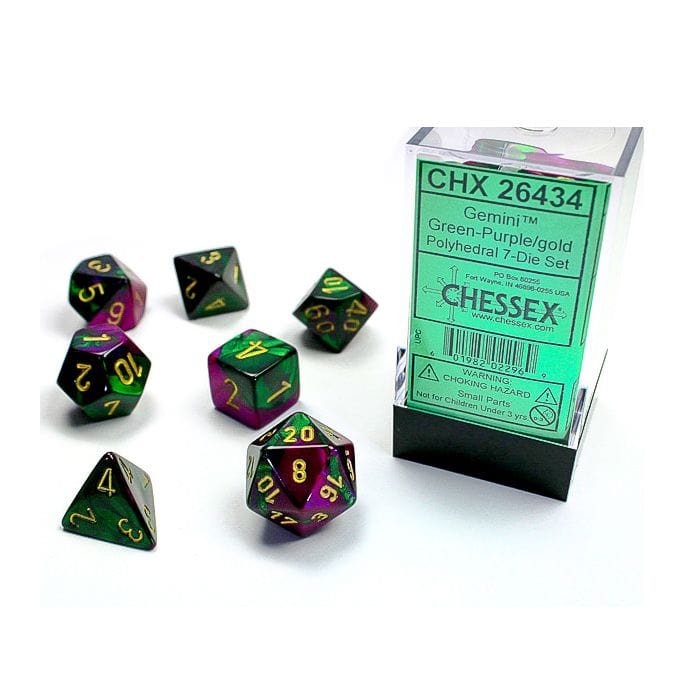 Chessex Manufacturing 7 - Set Cube Gemini Green and Purple with Gold - Lost City Toys