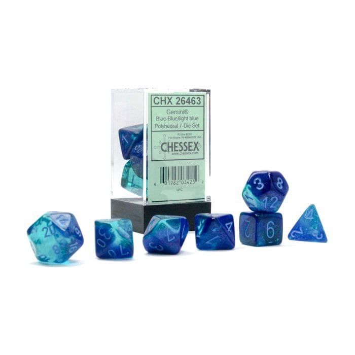 Chessex Manufacturing 7 - Set Cube Gemini Luminary Blue - Blue with Light Blue - Lost City Toys