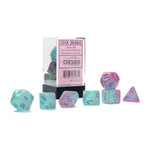 Chessex Manufacturing 7 - Set Cube Gemini Luminary Gel Green - Pink with Blue - Lost City Toys