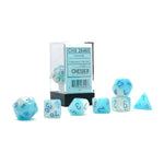 Chessex Manufacturing 7 - Set Cube Gemini Luminary Pearl Turquoise - White with Blue - Lost City Toys