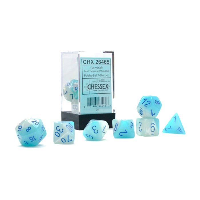 Chessex Manufacturing 7 - Set Cube Gemini Luminary Pearl Turquoise - White with Blue - Lost City Toys