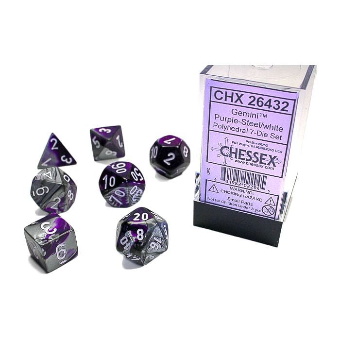 Chessex Manufacturing 7 - Set Cube Gemini Purple and Steel with White - Lost City Toys