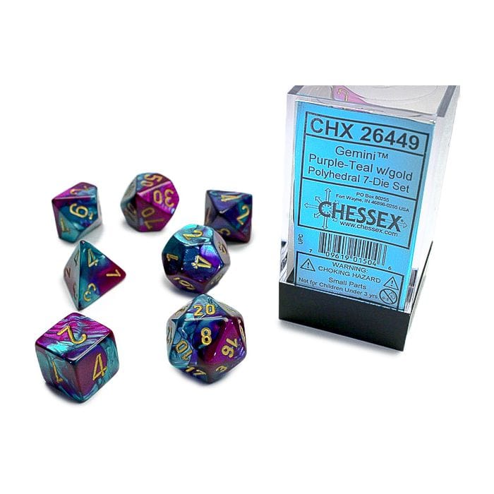 Chessex Manufacturing 7 - Set Cube Gemini Purple and Teal with Gold - Lost City Toys