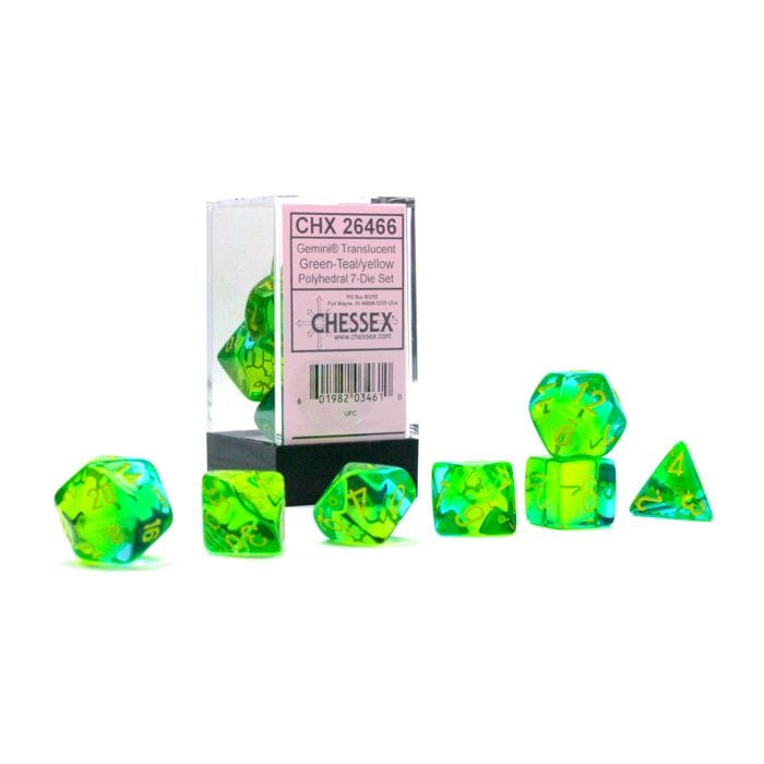 Chessex Manufacturing 7 - Set Cube Gemini Translucent Green - Teal with Yellow - Lost City Toys