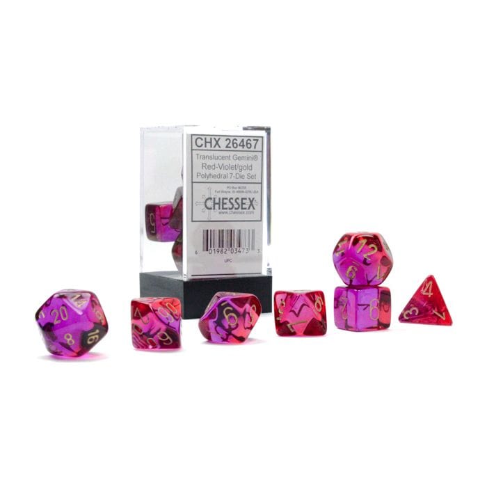 Chessex Manufacturing 7 - Set Cube Gemini Translucent Red - Violet with Gold - Lost City Toys
