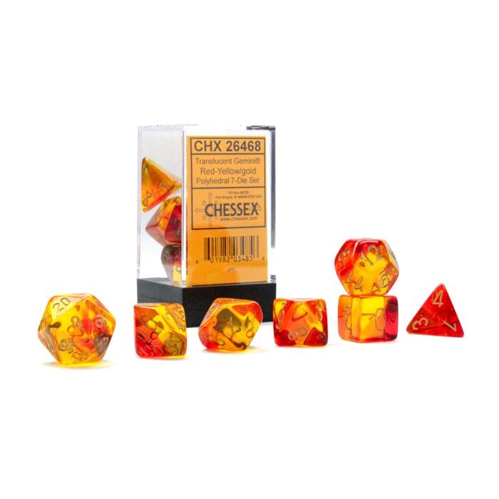 Chessex Manufacturing 7 - Set Cube Gemini Translucent Red - Yellow with Gold - Lost City Toys