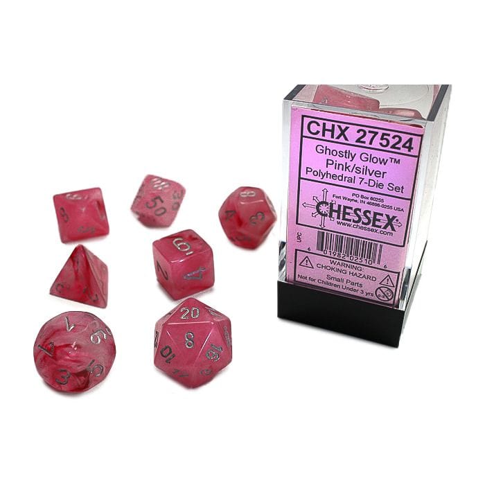 Chessex Manufacturing 7 - Set Cube Ghostly Glow Pink with Silver - Lost City Toys