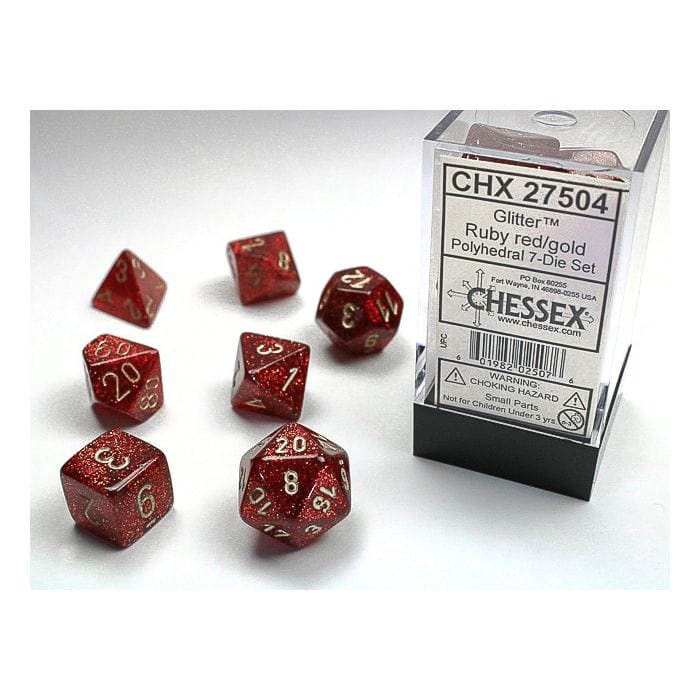 Chessex Manufacturing 7 - Set Cube Glitter Ruby with Gold - Lost City Toys