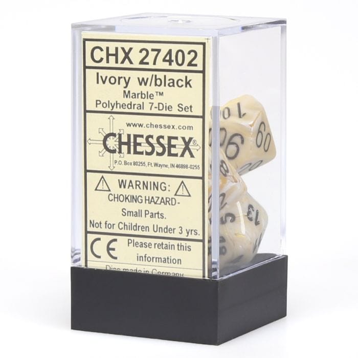 Chessex Manufacturing 7 - Set Cube Marble Ivory with Black - Lost City Toys