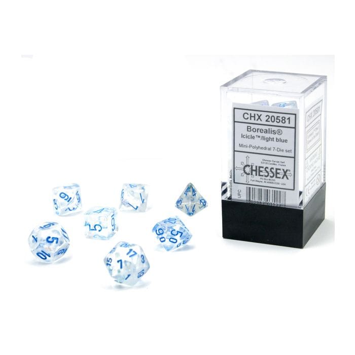 Chessex Manufacturing 7 - Set Cube Mini Borealis Luminary Icicle with Light Blue - Lost City Toys