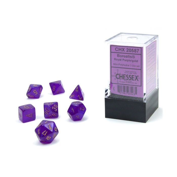 Chessex Manufacturing 7 - Set Cube Mini Borealis Luminary Royal Purple with Gold - Lost City Toys