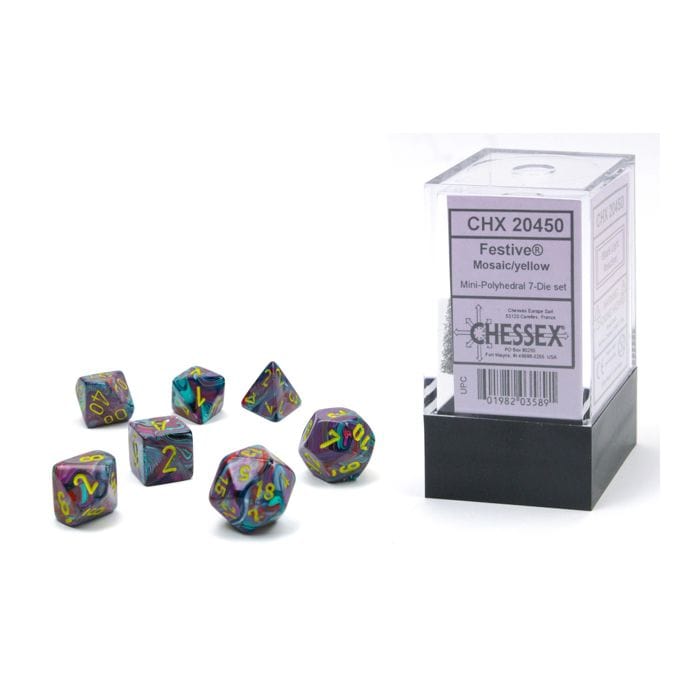 Chessex Manufacturing 7 - set Cube Mini Festive Mosaic with Yellow - Lost City Toys
