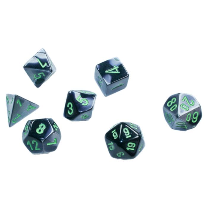 Chessex Manufacturing 7 - Set Cube Mini Gemini Black Grey with Green - Lost City Toys