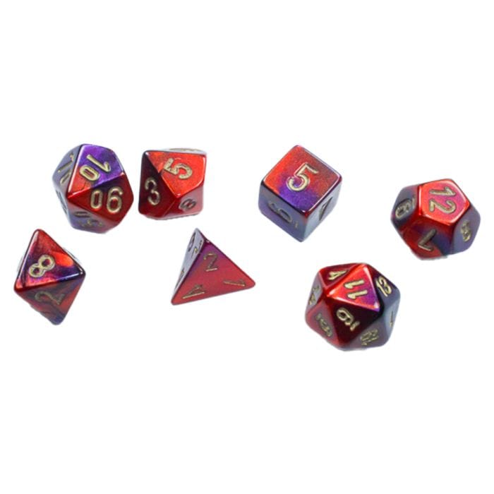 Chessex Manufacturing 7 - Set Cube Mini Gemini Purple Red with Gold - Lost City Toys