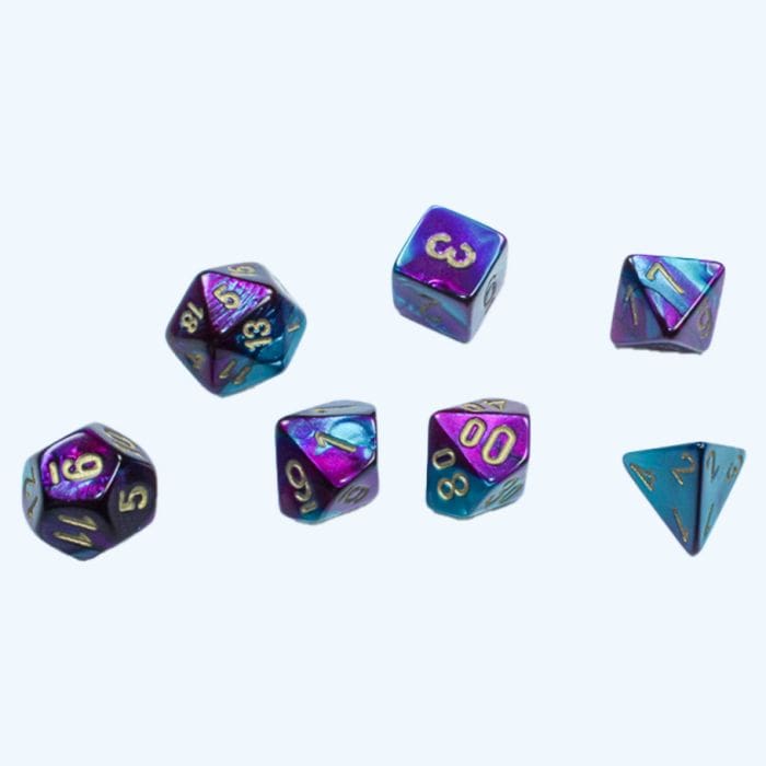 Chessex Manufacturing 7 - Set Cube Mini Gemini Purple Teal with Gold - Lost City Toys