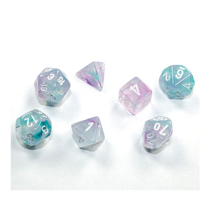 Chessex Manufacturing 7 - set Cube Mini Nebula Wisteria with White - Lost City Toys