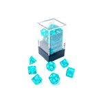 Chessex Manufacturing 7 - set Cube Mini Translucent Teal with White - Lost City Toys