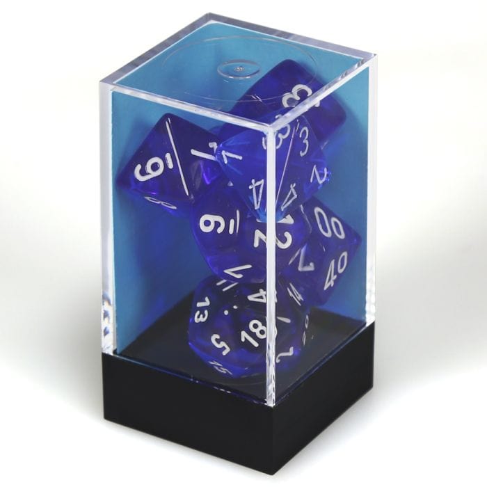 Chessex Manufacturing 7 - Set Cube Translucent Blue with White - Lost City Toys