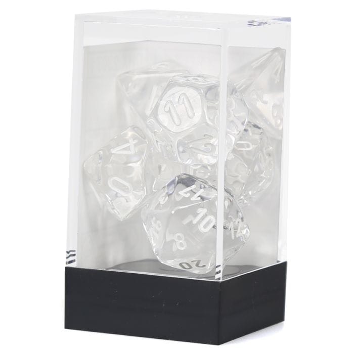 Chessex Manufacturing 7 - Set Cube Translucent Clear with White - Lost City Toys