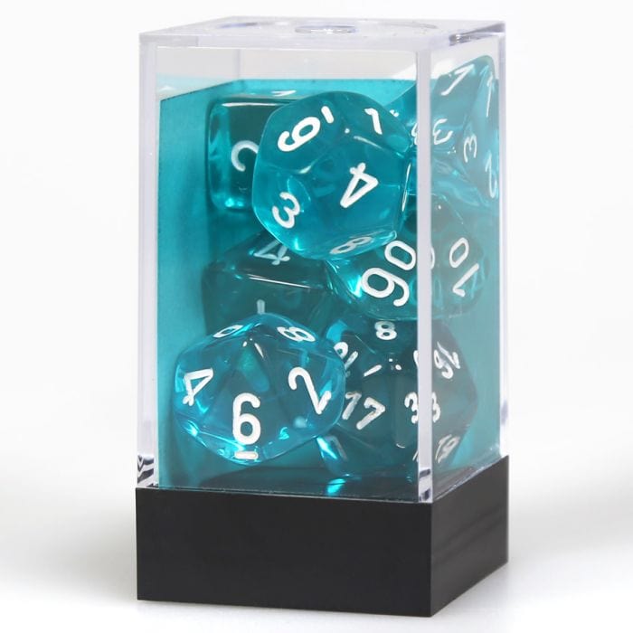 Chessex Manufacturing 7 - Set Cube Translucent Teal with White - Lost City Toys