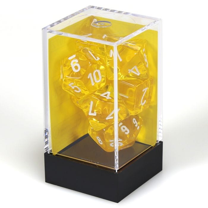 Chessex Manufacturing 7 - Set Cube Translucent Yellow with White - Lost City Toys