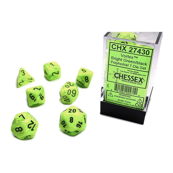 Chessex Manufacturing 7 - Set Cube Vortex Bright Green with Black - Lost City Toys