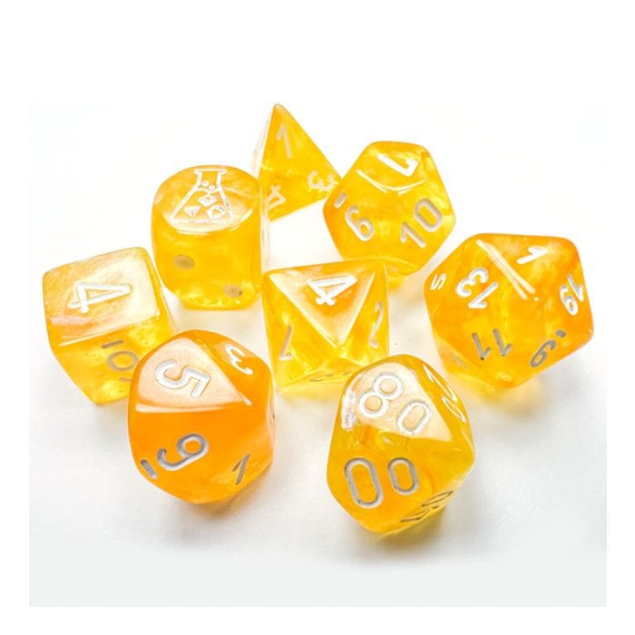Chessex Manufacturing 7 - Set Tube Lab Dice Borealis Luminary Canary with White - Lost City Toys