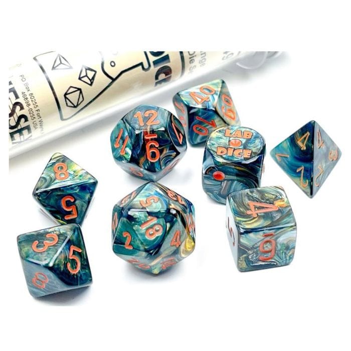 Chessex Manufacturing 7 - Set Tube Lab Dice Lustrous Alpestris with Orange - Lost City Toys