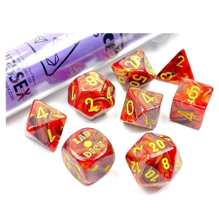 Chessex Manufacturing 7 - Set Tube Lab Dice Vortex Underworld with Yellow - Lost City Toys