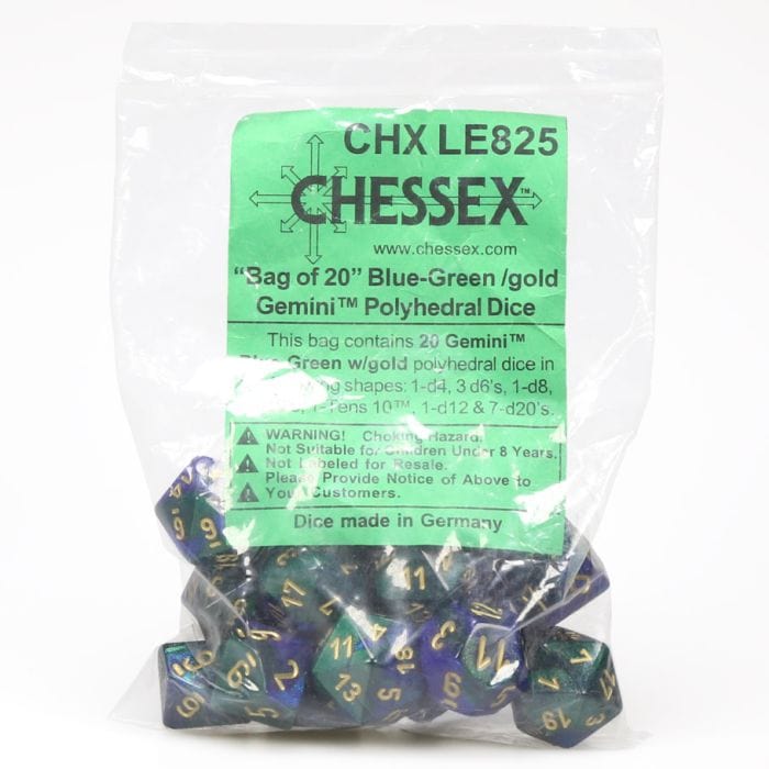 Chessex Manufacturing Assorted Bag of Gemini Blue and Green with Gold (20) - Lost City Toys