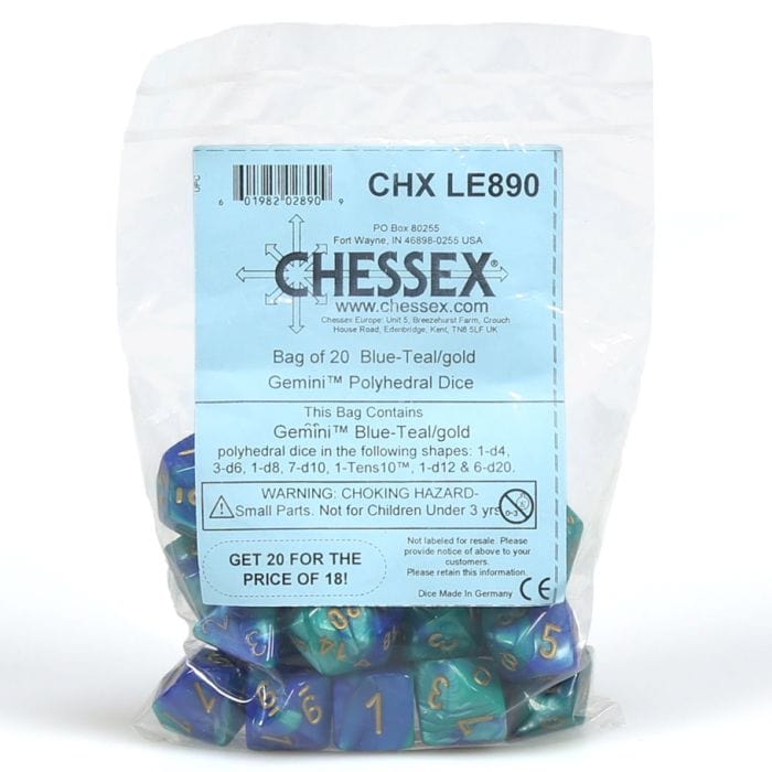 Chessex Manufacturing Assorted Bag of Gemini Blue and Teal with Gold (20) - Lost City Toys