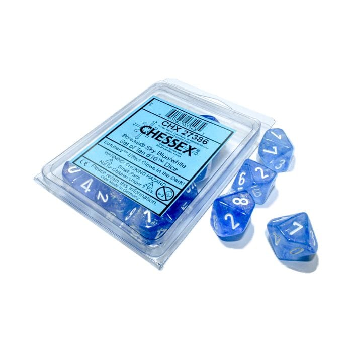 Chessex Manufacturing d10 Clamshell Borealis Luminary Sky Blue with White (10) - Lost City Toys